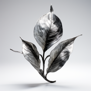 Artistic black and white photograph of three delicate leaves arranged in a harmonious, upward-spiraling composition against a soft gray background. Symbolizing the fusion between steel and nature in Troax work for a sustainable future.